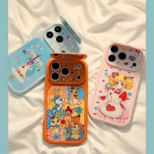 Gilded Flip-Mirror Phone Case – Cartoon Yoyo Girl & Rabbit