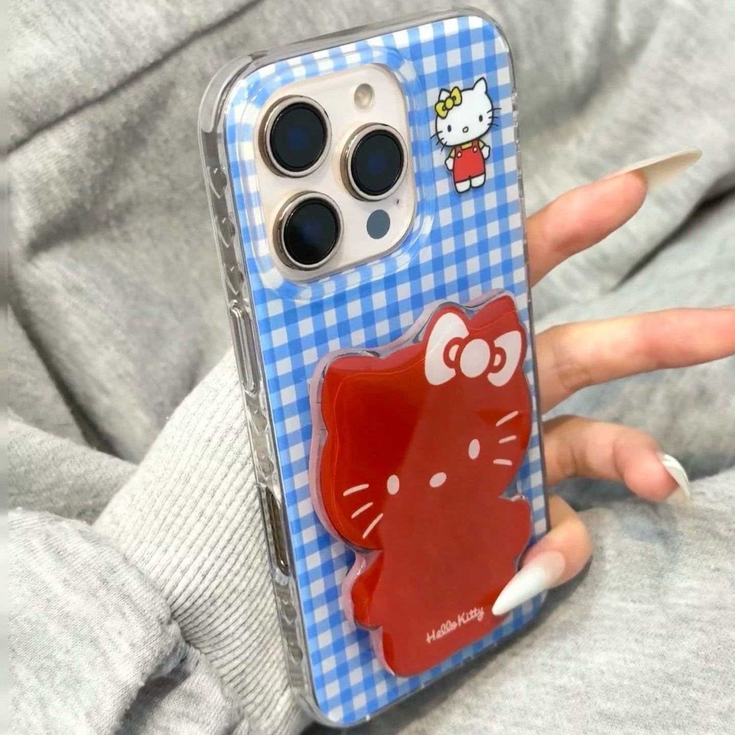 kT cat blue plaid phone case with mirror holder – product image 5