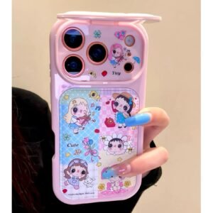 Cartoon girl phone case with a flip-out mirror