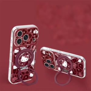 Android phone case with a rotating stand, featuring a burgundy leopard print and cat design.