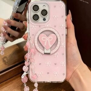Screen-filling pink diamond hearts and bows + foldable stand + wrist strap