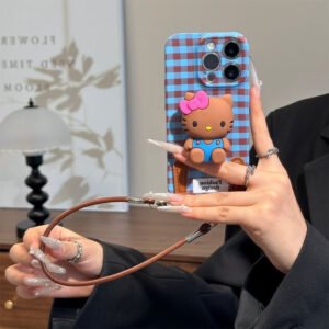 Retro plaid Kitty cat doll stand with lanyard phone case