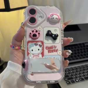3D Heart-Shaped Paw Print HT Cat Mirror Stand Phone Case