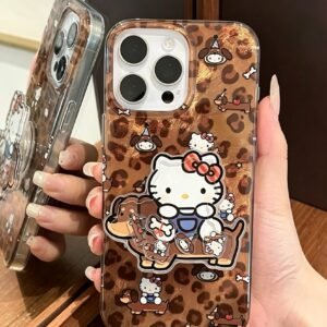 Brown leopard-print phone case featuring a dachshund and Hello Kitty, with a built-in stand.