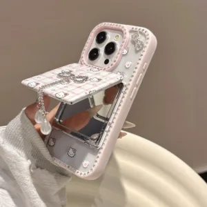 Pink Kitty Bow Phone Case with Mirror Holder