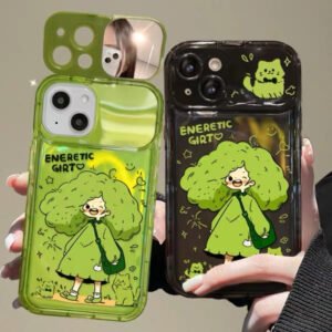 Green-haired girl mirror-lid phone case with charm