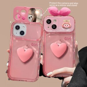 Pink bow girl portable mirror phone case