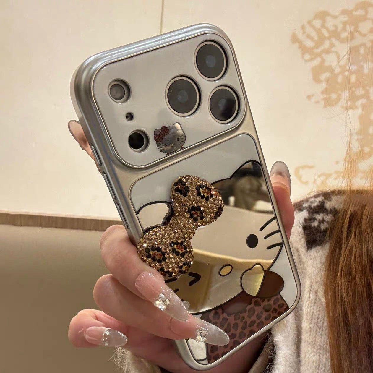 Leopard print 3D bow Kitty mirror phone case – product image 3