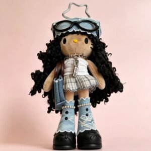 Black leather long-legged Kitty cat plush toy bag keychain gift