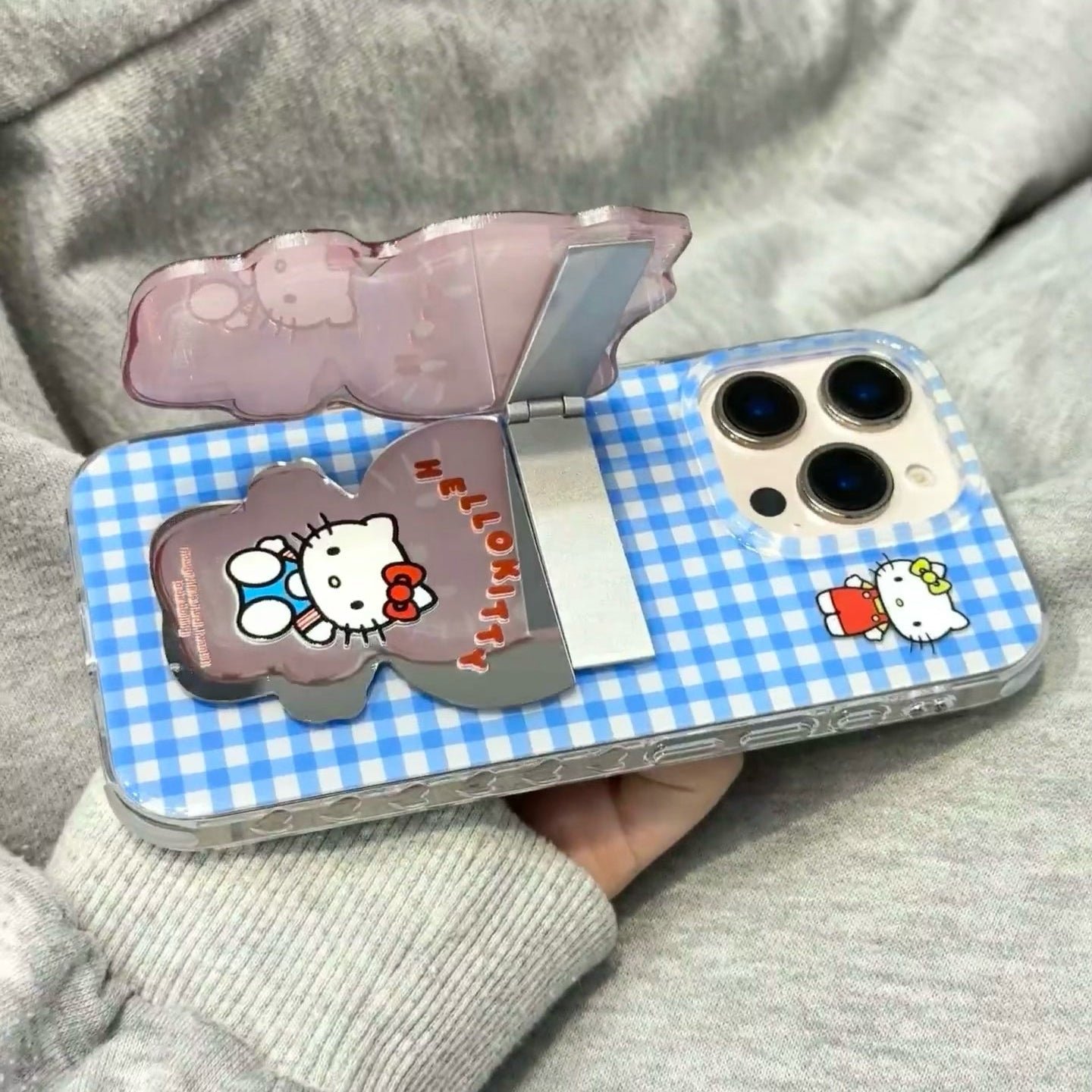 kT cat blue plaid phone case with mirror holder – product image 3