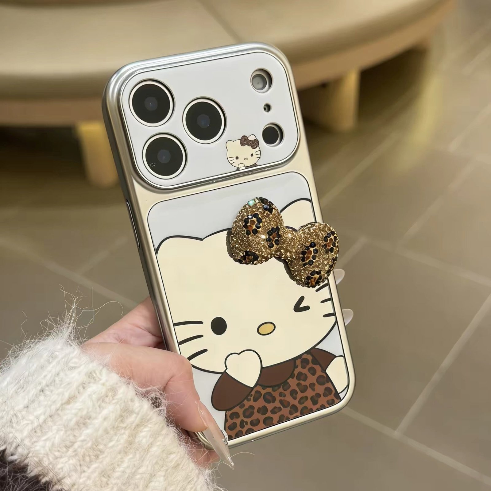 Leopard print 3D bow Kitty mirror phone case – product image 4