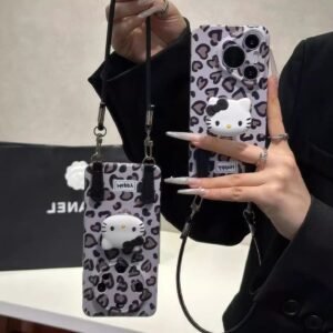 Leopard Print Hello Kitty Phone Case with Stand and Lanyard