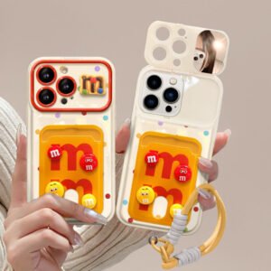 Flip-mirror M&M's character phone case with card holder and lanyard