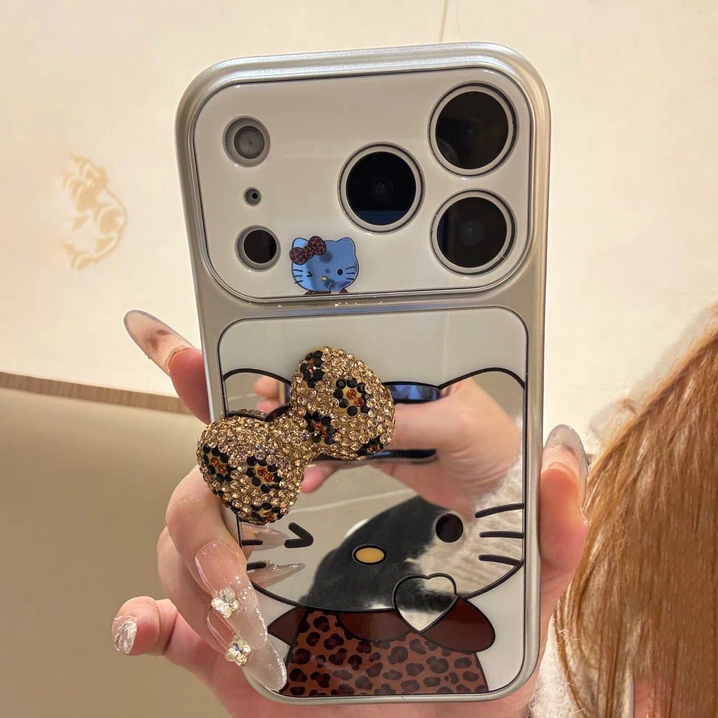 Leopard print 3D bow Kitty mirror phone case – product image 2