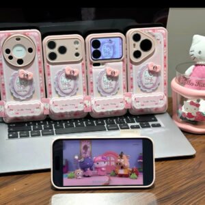 Phone case with lace bow embroidery, Hello Kitty design, and mirror stand.
