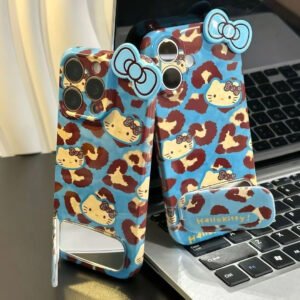 Blue-background leopard print Hello Kitty mirror stand phone case