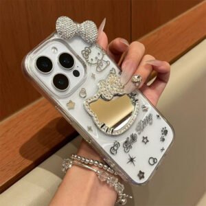 Android compatible Transparent Rhinestone Kitty Mirror Bow Phone Case
