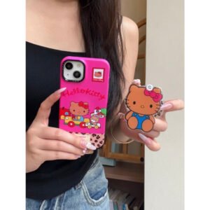 Pink patchwork leopard print black leather HT cat stand phone case
