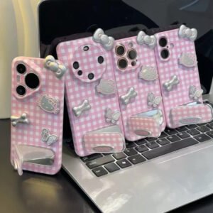 Silver Hello Kitty Mirror Phone Case with Pink Plaid and Bow Detail