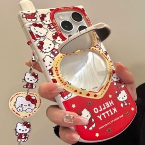 Kitty phone case with heart-shaped flip mirror
