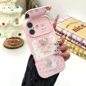 Pink Floral Bear Gilded Flip-Mirror Phone Case