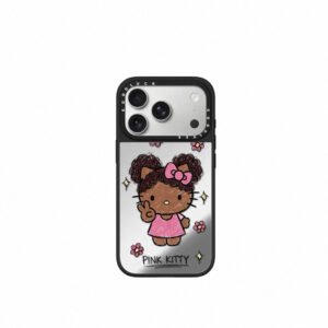 Graffiti bun hairstyle with curly hair, black leather Kitty flower magnetic phone case