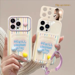 Flip-mirror phone case with vertical-stripe heart charm and lanyard card holder