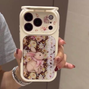 Vintage Floral & Gilded Bunny Phone Case with Flip-Mirror (Trendy/Instagram Style)