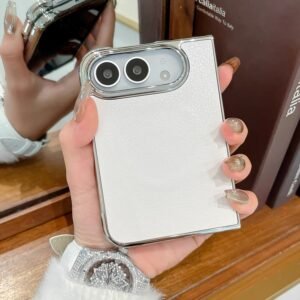 Minimalist solid-color leather-style folding phone case for iPhone Duo featuring a magnetic stand and a cartoon Hello Kitty design.