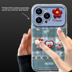 Blue Plaid Kitty Flip Phone Case with Mirror and Stand