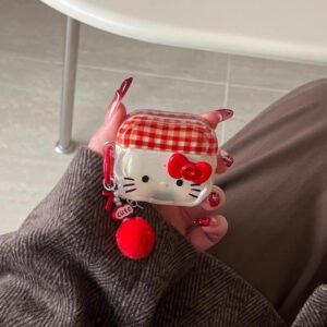 Cartoon plaid bowkity cat earphone cover