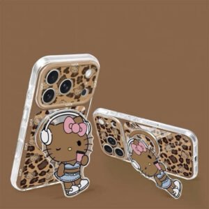 Leopard-print transparent starry-pattern phone case with cat-shaped stand.
